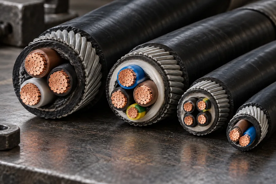Armoured electrical power cables showing insulated copper cores