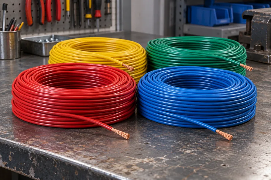 Red blue yellow and green insulated house wiring wire coils