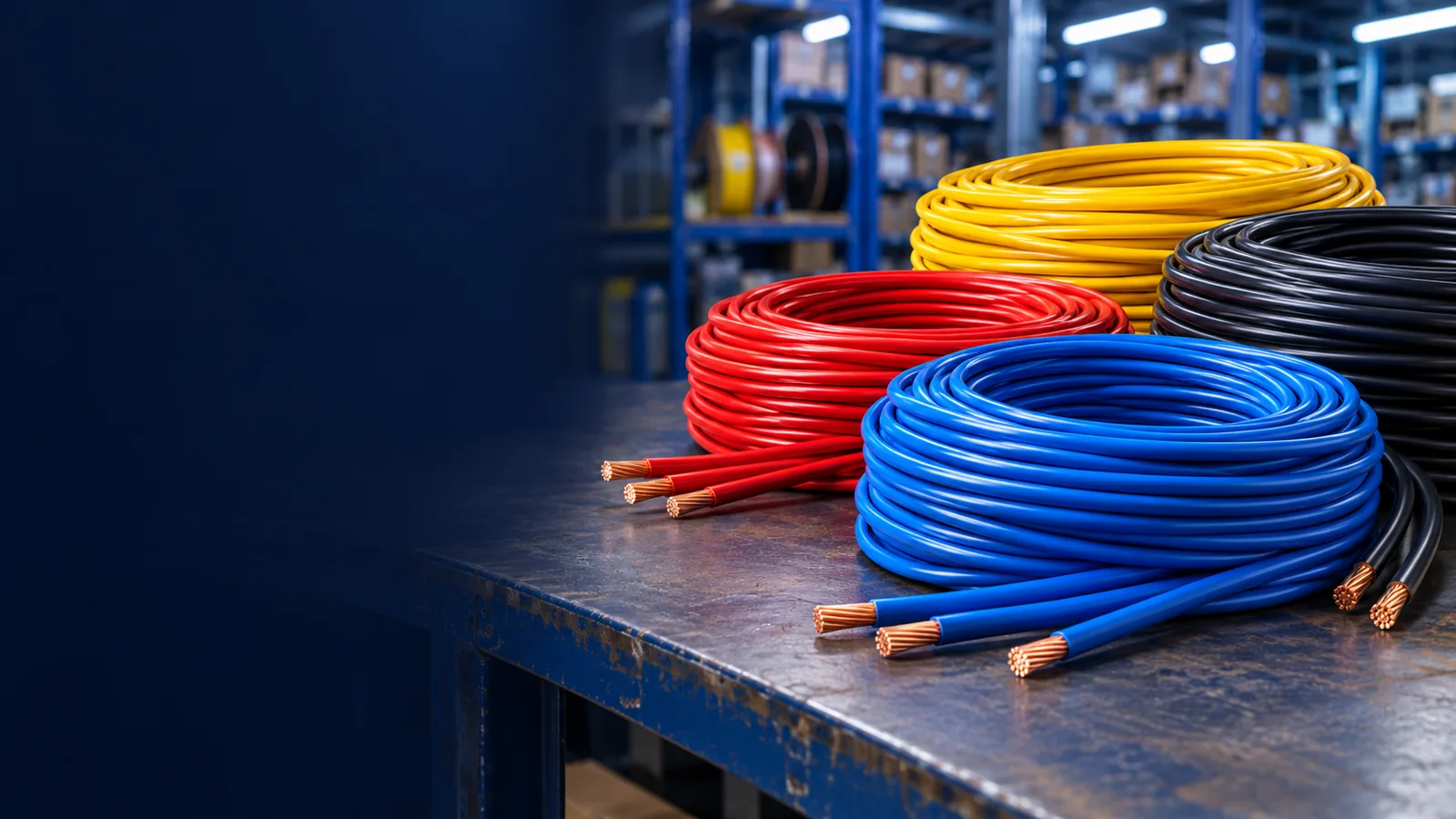 Blue red yellow and black insulated electrical wire coils