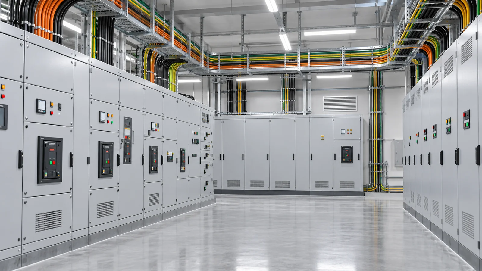 Enclosed electrical switchgear and routed cables in an industrial room
