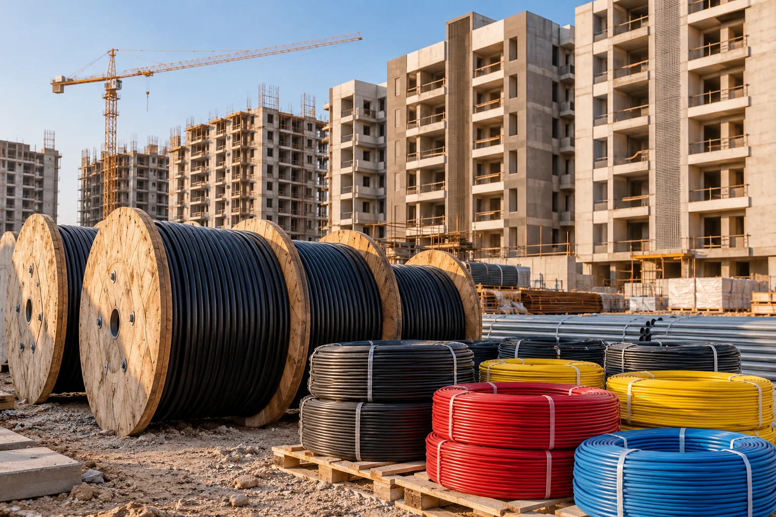 Illustrative building construction project with wire coils and cable drums