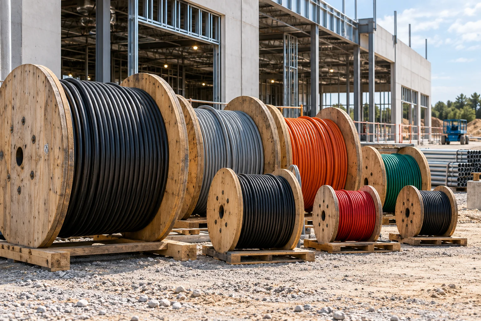 Cable drums staged at an electrical construction project