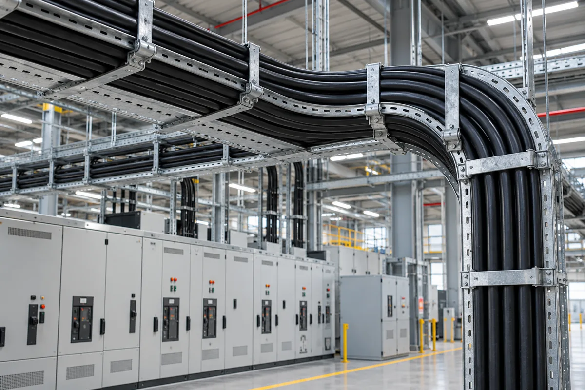 Industrial power cables routed on overhead metal cable trays inside a factory