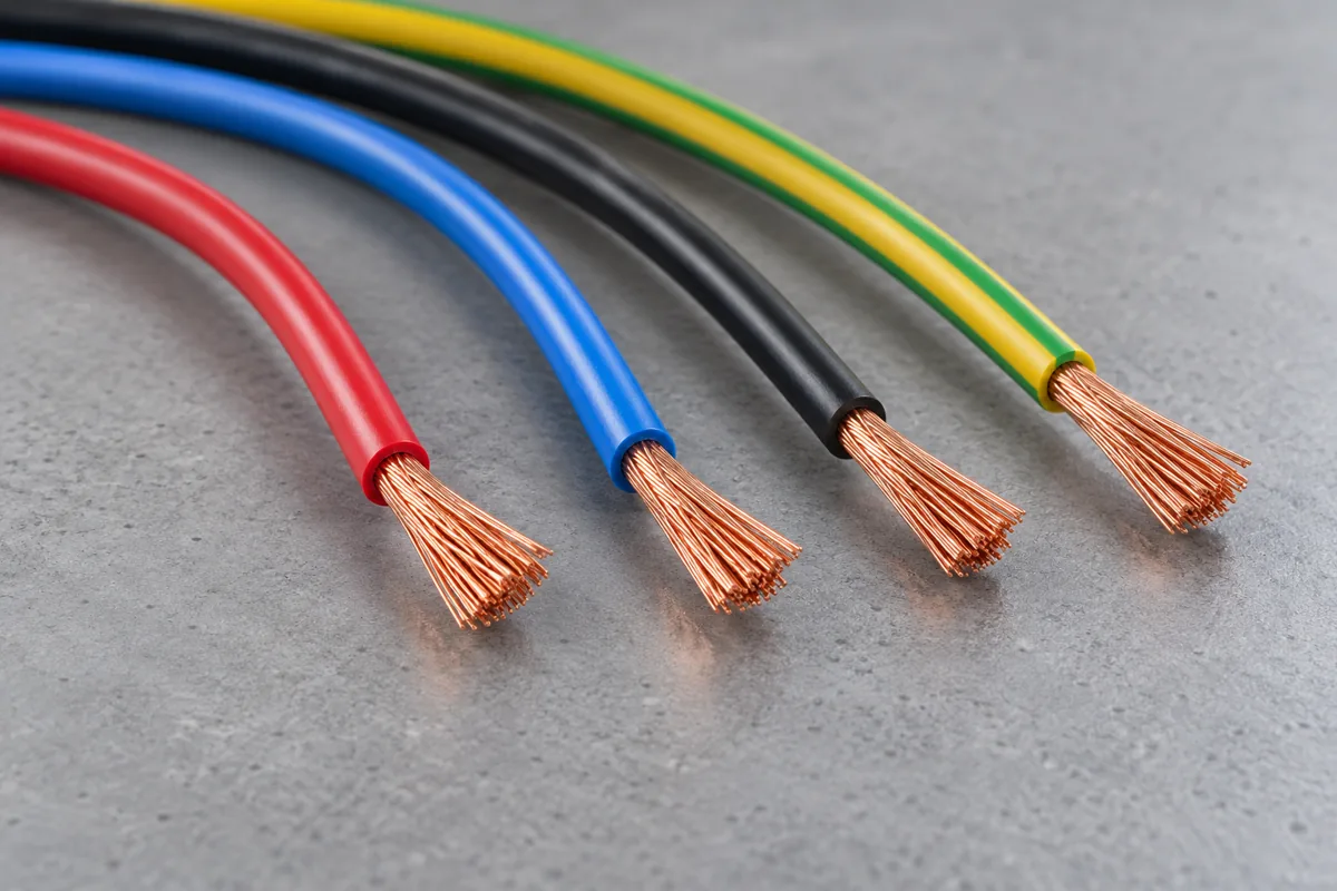 Flexible PVC-insulated wires with fine stranded copper ends in red blue black and yellow-green