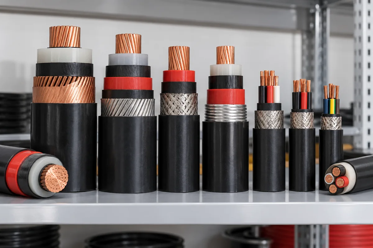 Electrical cable cutaway samples showing insulation layers and metallic screens