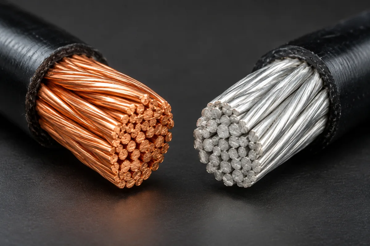 Copper and aluminium stranded electrical cable conductor ends side by side