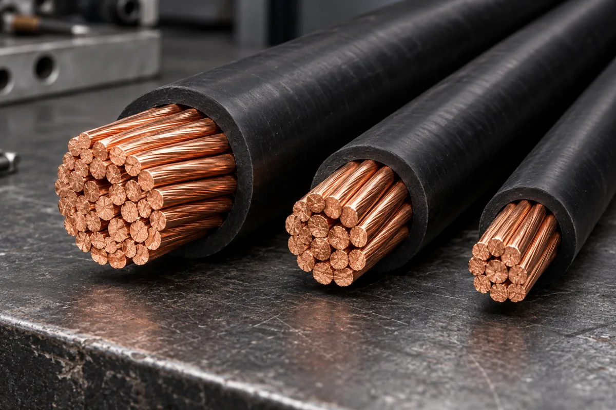 Black industrial power cables with stranded copper conductor ends