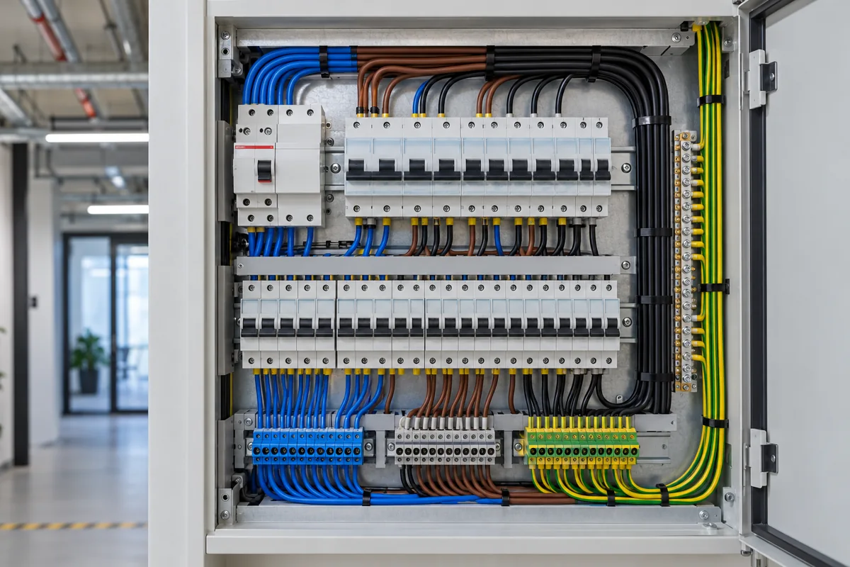 Distribution board with orderly color-coded insulated wiring terminal blocks and circuit breakers